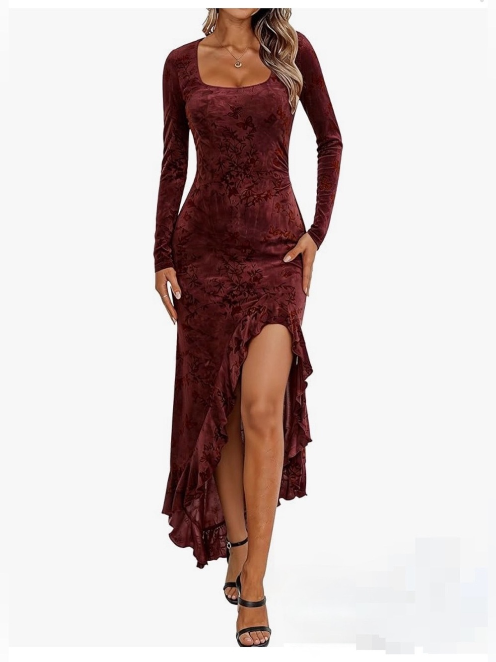 Women's Square Neck Long Sleeve Maxi Dress Floral Bodycon Dress Size Small